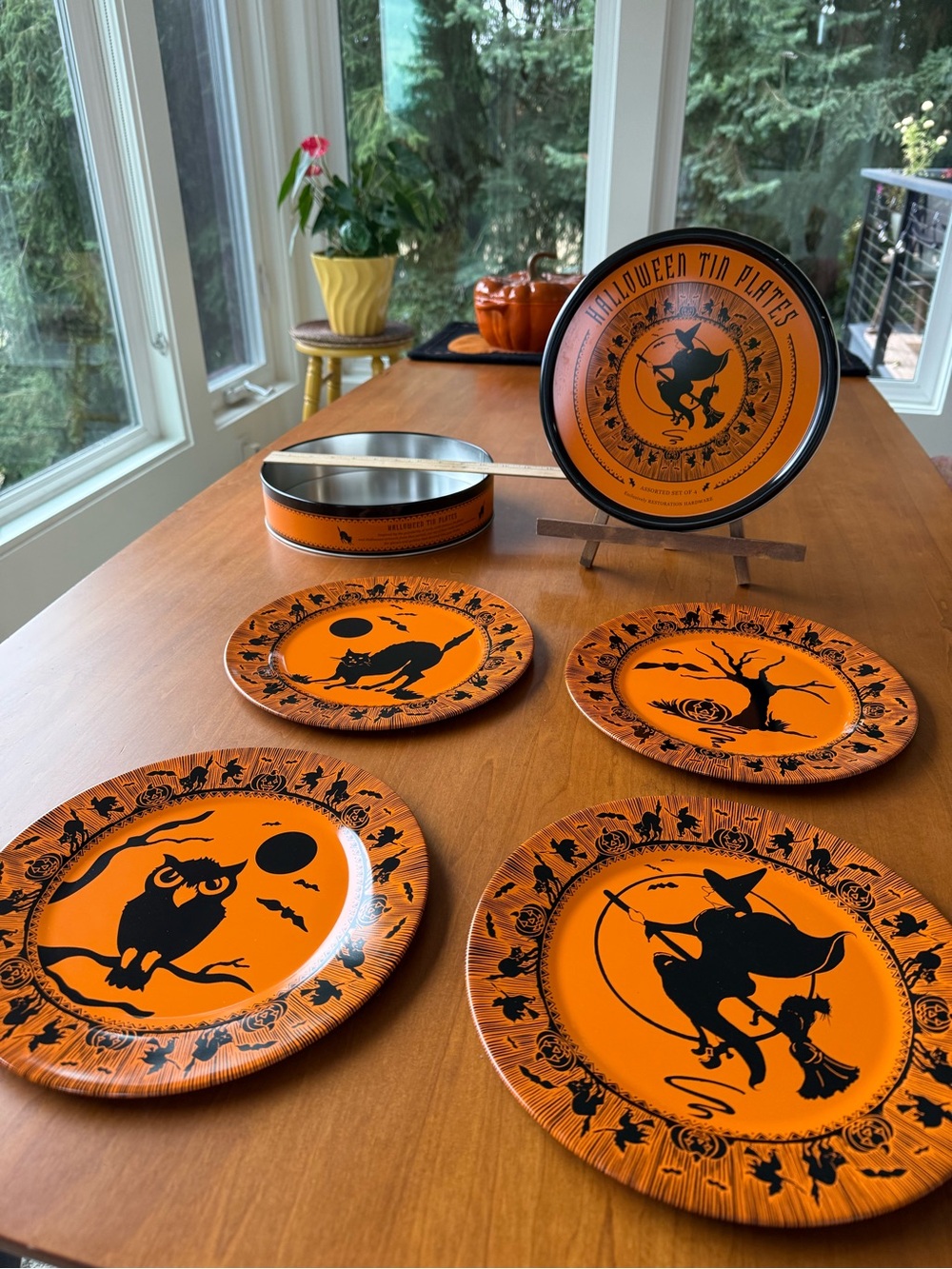 Restoration Hardware Halloween Tin Plates - Orange and Black  Dinner Plates